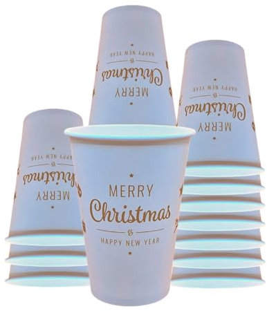 Mecup Bicchieri in Carta Natalizi, Bicchieri Monouso Biodegradabili, 100 Pezzi, Tazza Caffè di Natale 200 ml, Usa e Getta, Per Bevande Calde e Fredde, Fantasia Natalizia. Fantasia: Bianco