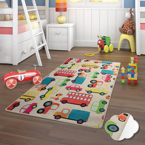 Bosdela Kinderteppich - und Babyteppiche – Vielfältige Designvariationen, waschbar, rutschfest, weich, ideal für Kinderzimmer & Spielzimmer 100x160 cm Ecru Autos