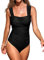 Muwodkdn Maillot de Bain Femme Une Pieces Gainant, Maillot de Bain de Sport Push-Up Rétro Contrôle du Ventre, Monokini Plissé à Encolure Carrée Grande Taille Noir M