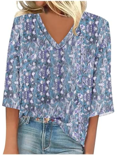 ANHATUIV Damen-Tops, Sommer-Tops für Damen, Blumen-Pflanzenhemden, Tops, V-Ausschnitt, halbe Ärmel, lässige T-Shirts, Baggy-Hemden, elegante Bürohochzeitsgäste 2025, trendige Kleidung, C14-Blau, L