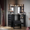 ELEGANT Corner Dressing Table Set, Makeup Desk with 3 Angle Mirror and 5 Drawers, Black Corner Desk with Cushioned Stool, Large Storage Vanity Table for Girls