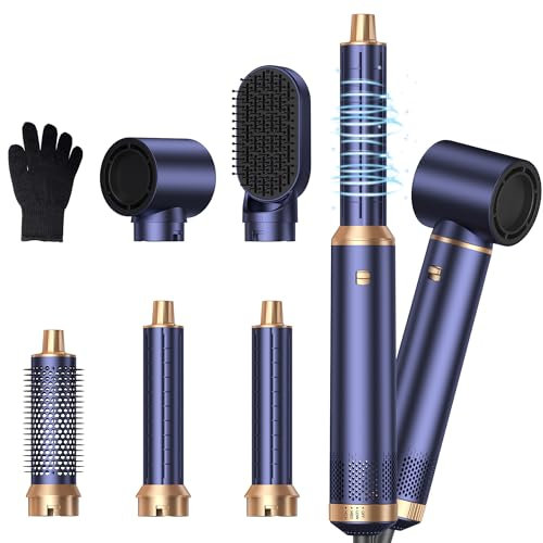 MogaWave 5 in 1 Hairstyler Pro,Upgrade Blow Dryer Brush 60000RPM Air Styler, Left&Right Magic Hair Curler,3 Wind Speed and Temperature, Multi-Styler 5 in One for Drying Curling Straightening-Blue
