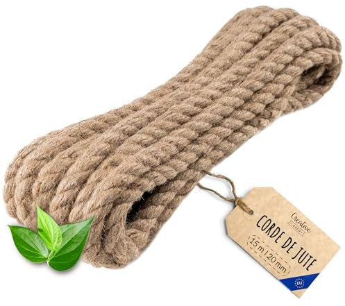 Creative Deco 15m Corde de Jute Epaisseur 20mm | Personnalisation Possible Tous Les 5m | Corde Solide et Durable | Torsadé en Fibres Naturelles | Bricolage, Balustrade, Jardin et Maison
