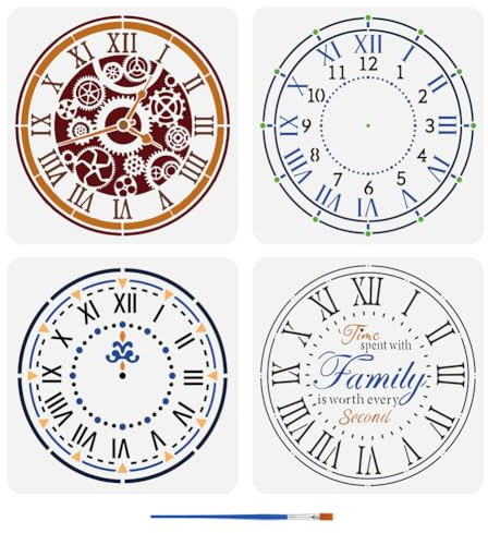FINGERINSPIRE 4 Stück Uhren Malschablone Mit Pinsel 30x30cm Zifferblatt Vorlage Arabische Ziffern Stunden- und Sekundenzeiger Zahnräder Buchstaben Schablone Uhr-Thema