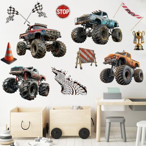 Runtoo Großer Monster-Truck-Wandaufkleber für Jungen, Rennauto, Straße, Wandaufkleber, Kinderzimmer, Spielzimmer, Wanddekoration
