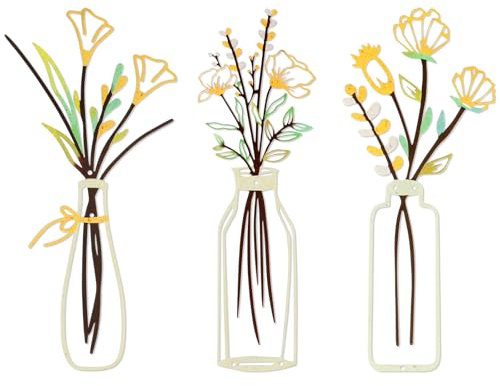 YiYa 3 Stück Wanddeko aus Metall Metall Blumen Wanddekoration Floral Line Wandskulptur Minimalistische Vase Wandkunst für Zuhause Wohnzimmer Schlafzimmer（Golden）