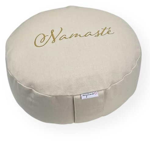 maylow Yoga mit Herz® Hochwertige Meditationskissen Yogakissen Stickerei Namasté Bezug waschbar Innenkissen Buchweizenschalen Ø33 cm H:15cm (Personalisierung nach Wunsch) (Namasté Natur)