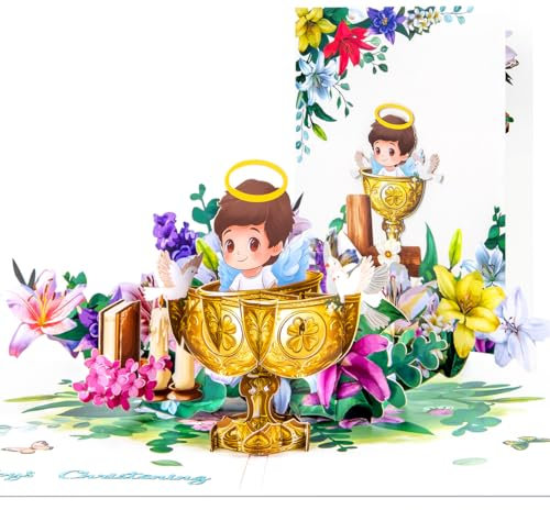CNLITIHEKA Carte pop-up religieuse de baptême pour garçon, carte de vœux pop-up pour bébé, avec fleurs, colombes, calice, enveloppe incluse.