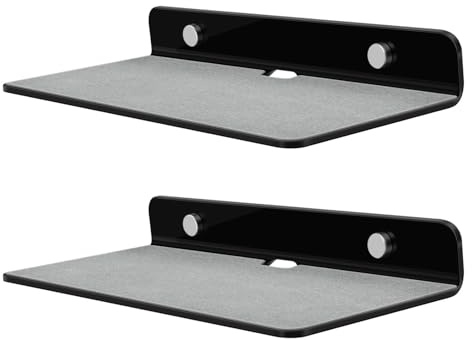 TNP Speaker Shelf Wall Mount - Small Floating Shelf Stand w/Anti Slip for Rear Wireless Speaker - 9 Acrylic Tiny Shelves for Smart Phones, Cameras, Mini Action Figures Decor Display, (2 Pack, Black)