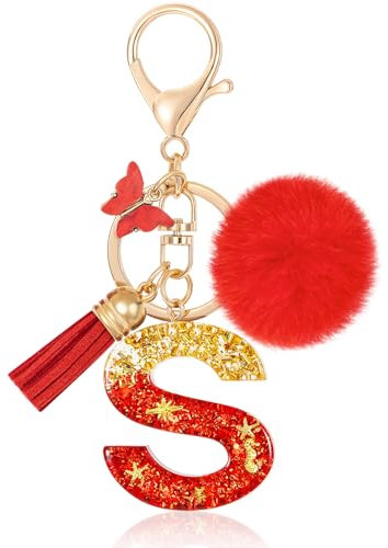 MWOOT Initiale Letter Keychains Porte Clé Lettre S,Alphabet Initial Keyring avec Papillon Pompon Pendentif,Rouge Feuille D'or Key Ring pour Femmes Portefeuilles Sac à Main Bagages Charme(S)