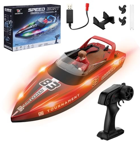Snorthy Bateau Télécommandé 2,4 GHz RC Bateau avec Lumières LED Bateaux de Course pour Enfants RC Haute Vitesse Bateaux de Course RC Haute Vitesse Jouets de Piscine pour Piscine Lac Étang (Rouge)