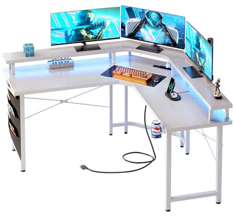 CAIYUN Computer Desk with Power Outlets & LED Strip,50.8 Reversible L Shaped Desk with Monitor Stand & Storage Bag, White Gaming Desk with Cup Holder for Home Office, Carbon Fiber