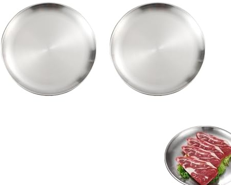 XUEHOU 2 Stück Edelstahl Rundes Geschirr Camping Teller Silber Edelstahl Pastateller Küche Unterteller Party Flacher Teller Campingteller Weihnachtsteller 20cm für Esszimmer und Camping