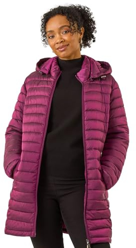 Roman Originals Women Padded Longline Coat with Hood - Ladies Zip Through Autumn Winter Long Length Lightweight Quilted Warm Cosy Everyday Zip Up Casual Jackets Coats - Petite Magenta - Size 16