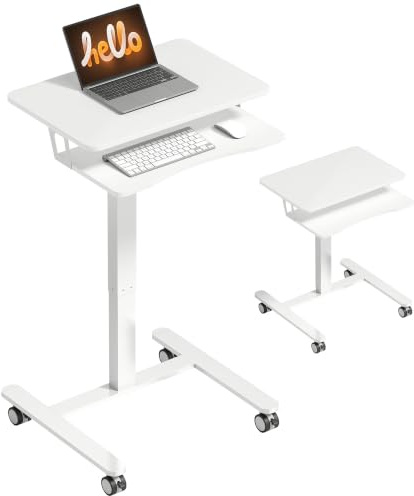 HOMCOM Table Ordinateur Portable à roulettes Bureau Debout 71-107cm Blanc | Réglable en Hauteur, Plateau pour Clavier, Table de Lit Mobile, Cadre en Acier, pour Canapé, Lecture ou Travail
