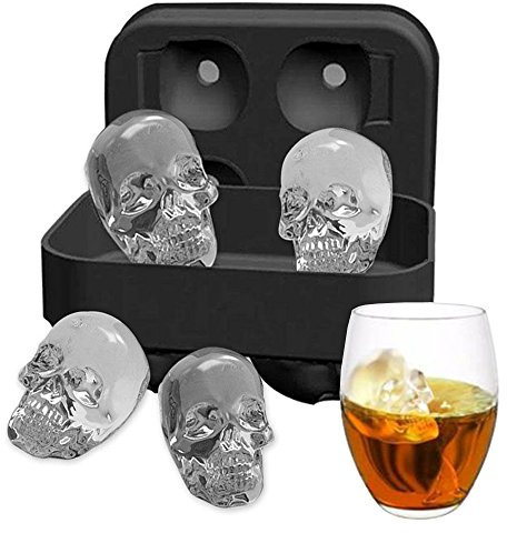 (4 Ice Molds) - Ice Mould Skull 3D Flexible Silicone Ice Cube Moulds Maker Tray, 4 Giant Skulls, Round Ice Cube Maker (4 Ice Moulds)
