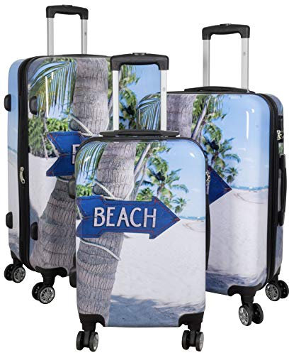 Trendyshop365 Hartschale Koffer-Set mit Motiv 3-teilig Beach 4 Räder Bunt Strand Zahlenschloss