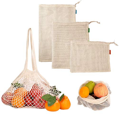 JZK 4 x Gemüsebeutel Baumwolle Obstnetz Gemüsenetz Obstbeutel umweltfreundliches Taschen Set für Obst Nüsse Brot Spielzeuge Snack