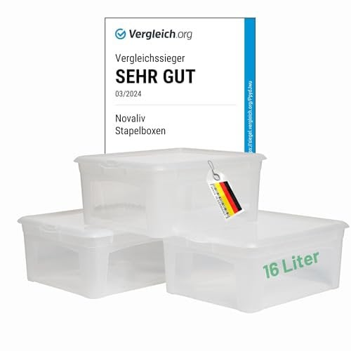 Novaliv 3x Aufbewahrungsboxen mit Deckel 16L transparente Boxen stapelbare Nestbar Storage boxes mit Clipverschluss Kunststoff BPA-frei 41x34x17 cm