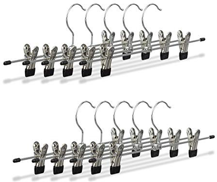 Relaxdays 10 x Hosenbügel Metall im Set Rockbügel, Klemmbügel verstellbar, Kleiderbügel, HBT 9x35,5x2,5 cm, Silber/schwarz