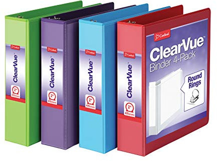 Cardinal 3 Ring Binders, 4 Pack (29311), 2 Inch, Holds 475-Sheets, ClearVue Covers, Non-Stick, PVC-Free, Assorted Colors: Red, Green, Blue, Purple