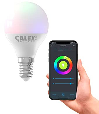 CALEX Smart E14 Lampe RGB, Wifi LED Leuchtmittel P45 mit Alexa Sprachsteuerung und Google Home, 5W MiniBulb WLAN Lampe, Dimmbar