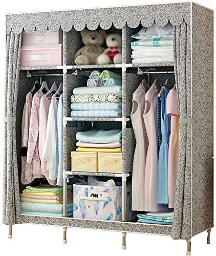 LSDRALOBOOE Kleiderschrank Stoffschrank Faltschrank Seitentasche Stoff Kleiderschrank Leinen Schrank Plane Faltschrank Stahlrohr Stoff Schrankfächer 717(Color:Gray;Size:125x45x170cm)