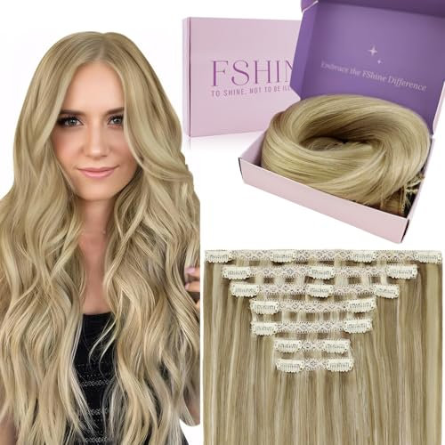 Fshine Clip in Extensions Echthaar, 40cm 120g 7 Stücke Echthaar Extensions Clip in Haarverlängerung Aschblond Hervorgehobenes Goldblond Glatt Echte Haare Farbe 16P22
