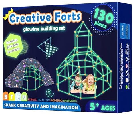 Kit de Construction de Fort pour Enfants - Brillent dans Le Noir 130 PCS Jouet Fort créatif pour garçon et Fille de 5+ Ans - Jouets de Construction STEM Châteaux de DIY Tente de Jeu Tour de fusée