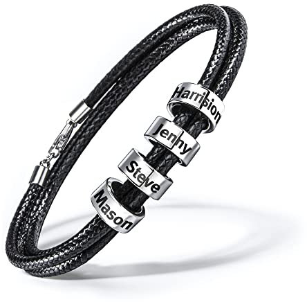 Rubsmao Personalised Mens Bracelets for Dad or Boyfriend, Black Braided Friendship Bracelet with 1-7 Engraved Names Beads