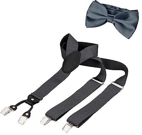 BomGuard Herren Hosenträger + Fliege Männer Set Mann,3,5 cm breit,dunkelgrau