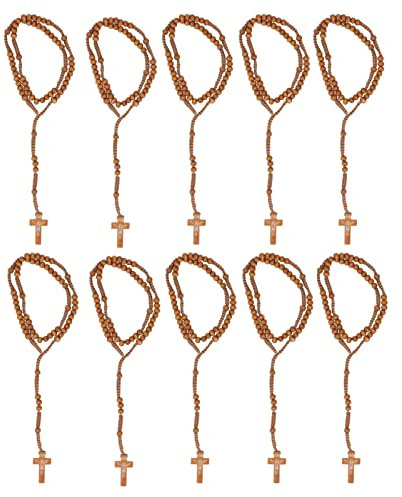 10 Stück Holz Rosenkranz auf 10 Stück Holz Rosenkranz Jesus Holz Rosenkranz Perlen Impressum Katholischen Unisex Stil Holzperlen Kreuz Rosenkranz Halskette Schmuck für Männer Frauen(Hellbraun)