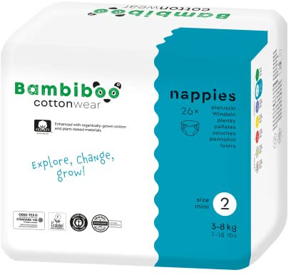 Bambiboo - COTTONWEAR Baby Windeln - Einwegwindeln - Größe 2 Mini (3-8kg) mit Nabelausschnitt - mit Bio-Baumwolle, Pflanzstoffen, Nässeindikator, 3D-Rüschen - Parfümfrei, Chlorfrei - 26 Stk