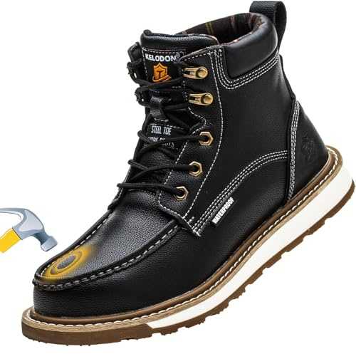 KELODON Waterproof Steel Toe Boots For Men-6 Leather Moc Toe Work Boots Mens Steel Toe Shoes Indestructible Non Slip Resistant Construction Safety Boot,Black,size 9 Men