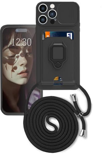 Wishcover store Handykette Hülle mit Kartenhalter für iPhone 15 Pro,kameraschutz Hülle mit Camera Slider Handyhülle Silikon TPU Cover für zum Umhängen Schutzhülle mit Case für iPhone 15 Pro