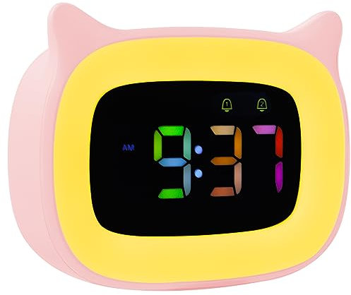 Seutgjie Sveglia Bambina, Sveglia da Comodino Bambini Ricaricabile Intelligente con RGB Luce per Ragazza Ragazzi Adolescenti 18 suonerie doppia sveglia modalità snooze 12/24 ore Rosa