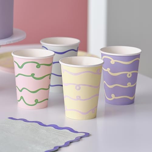 Ginger Ray Pastel Swirl Lilas Jaune Vert & Rose Gobelets en Papier Vaisselle de Fête Lot de 8
