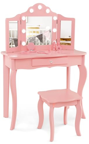 COSTWAY 2 in 1 Kinder Schminktisch mit Beleuchtung, Frisiertisch mit LED-Leuchten, klappbarem Spiegel & Schubladen, Kosmetiktisch Prinzessin für Kinder Mädchen(Rosa)