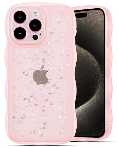 QLTYPRI Compatible with iPhone 13 Pro Max Case, Cute Curly Wave Frame Clear Glitter Case for Girls Women, Sparkle Bling Soft TPU Bumper Transparent Shockproof Phone Cover for iPhone 13 Pro Max- Pink