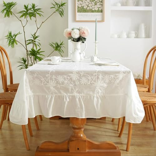 Tischdecke Vintage Landhaus, 140 x 200 cm Baumwolle Gestickte Blume mit Rüschen Tischtuch für Küche, Tischdekoration, Picknick, Weiß