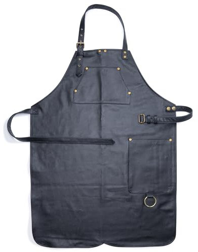 Angus Stoke Delantal de cuero de grano premium – Delantal de cuero hecho a mano para barbacoa, cocina, delantal ajustable de chef Howard, Negro -, talla única