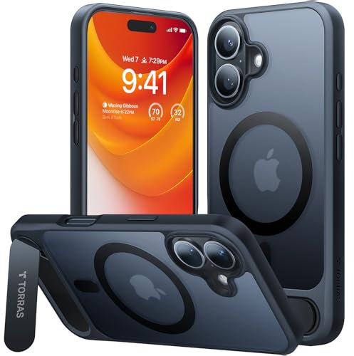 TORRAS for iPhone 16 Plus Case [Durable Titanium Stand] [25W Wireless Charging] [TOP 19N Magnetic] [12FT Drop Protection] for iPhone 16 Plus Cover - Midnight Black