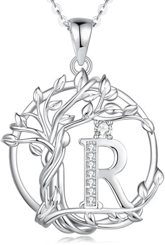 FANCIME Lebensbaum Buchstaben Kette Damen, 925 Sterling Silber R Alphabet Initialen Anhänger Halskette Schmuck Geschenke für Damen Frauen Mädchen, Kettenlänge: 40+5 cm