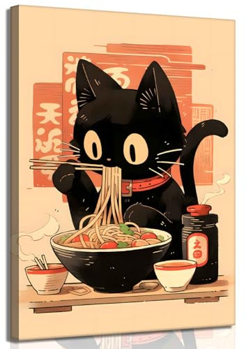 Leinwandbild, Motiv: Japanische Nudeln, Motiv: schwarze Katze, trendiges Tokyo Ukiyoe Katzen, Wanddekoration, Bilder, Retro, niedliches Tokio für Küche, Poster, Drucke für Kinder, Jugendzimmer, Jungen