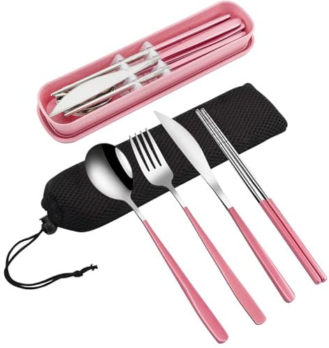 VANRA 4 Stück tragbares Reisebesteck mit Aufbewahrungskoffer, Edelstahlbesteck wiederverwendbares Besteck Set mit Gabel, Löffel, Messer, Essstäbchen für Reisen, Schule, Arbeit, Picknick(Rosa)