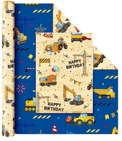 WERNNSAI Geschenkpapier für den Baubereich – 1 Rolle 43 cm x 10 m zweiseitiger Geschenkpapierschneider für Geburtstage von Jungen Festivalparty Dekorationskunst Blau Technisches Fahrzeug Doppelseitig
