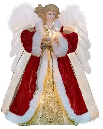 Cyraft Engel Weihnachtsbaumspitze Mit Beweglichen Flügeln, 30cm Christbaumspitze Engel Mit Licht Einen Stern Hält, Sowohl Stecker- als auch Batteriebetrieben, Lange Schnur (Rot)