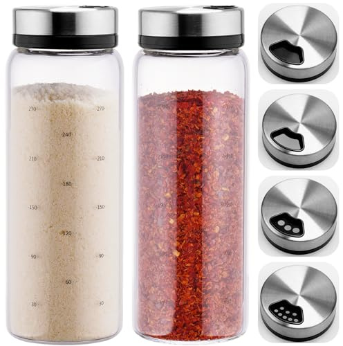 NiHome 2-Pack Spice Shakers with Adjustable Stainless-Steel Lids for Parmesan Cheese, Chili Flakes, Herbs, Salt, Pepper, 10oz Borosilicate Glass Seasoning Dispensers, Easy Refill and Dishwasher Safe