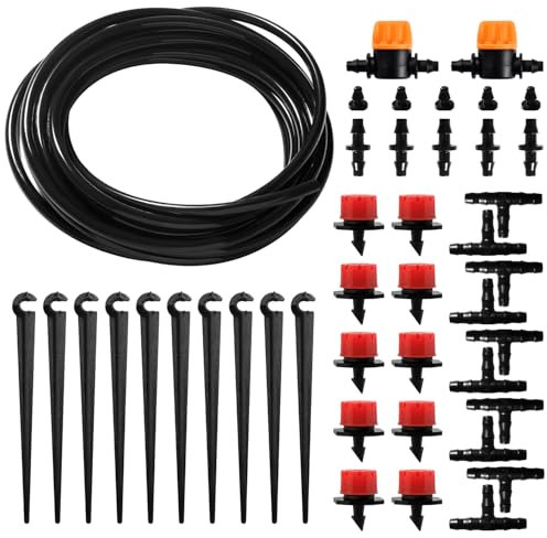 VooGenzek 43 Piezas 4/7 mm Kit de Sistema de Riego por Goteo, 5m Manguera de Riego, Kit de Riego por Goteo Automático, con Juntas de Púas Rectas, Conectores en T, Tapones Extremo, para Jardin