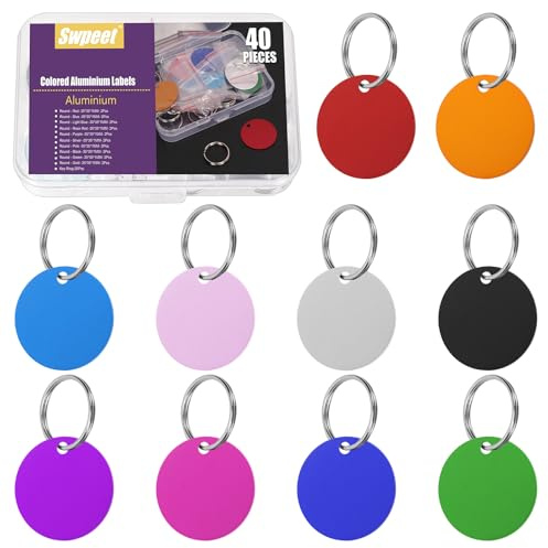 Swpeet 40pcs 10 Farben 35mm / 1,37 Runde Aluminium Blank Tags mit Schlüsselring Sortiment Kit, Gravur Stempeln Blank Tags Haustier ID Tag für Anhänger Dekoration und Haustiere Tag Projekt